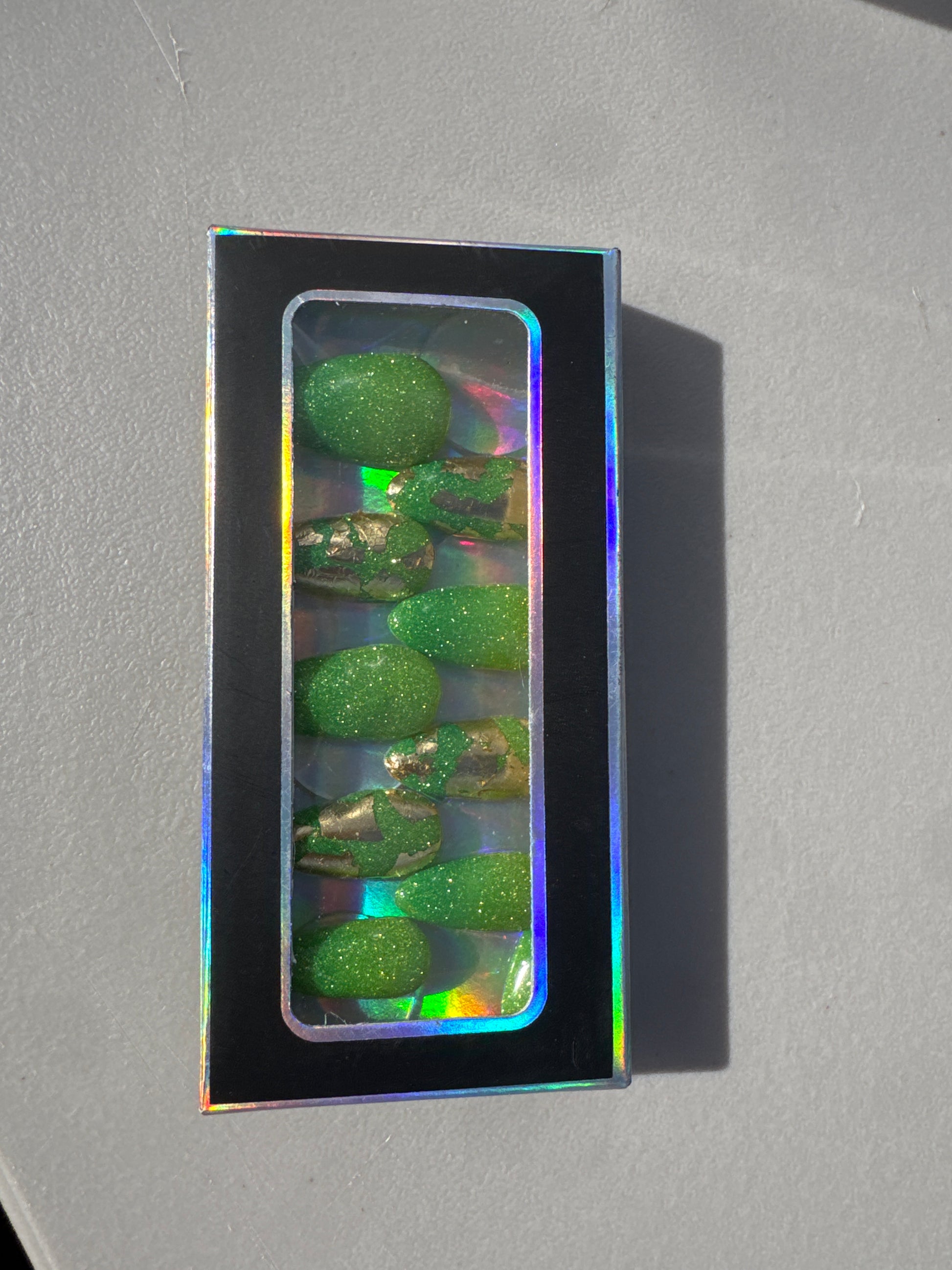 Green and yellow sparkle gel press on nails