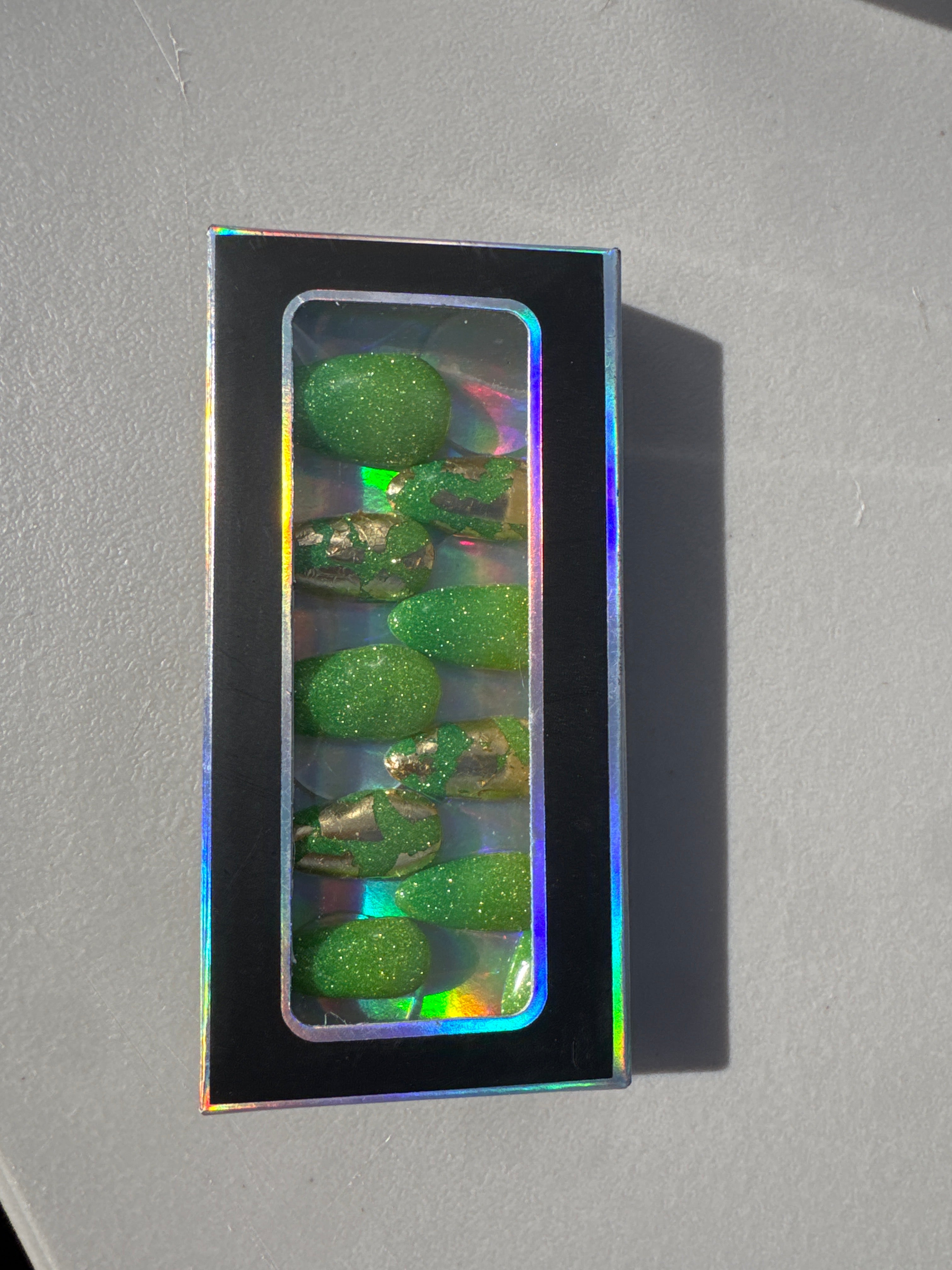 Green and yellow sparkle gel press on nails